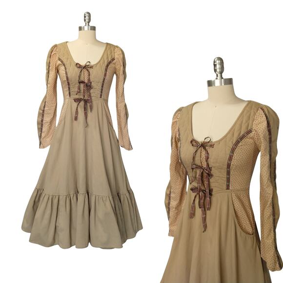 Gunne Sax Corduroy Calico Midi Dress Size S 7 Tie Front Floral Vintage 70s - Picture 1 of 10